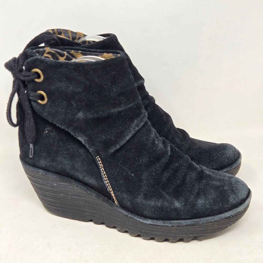 Fly London Black Suede Slouchy Wedge Ankle Boots Rear Lace Up P500325005 Size 39